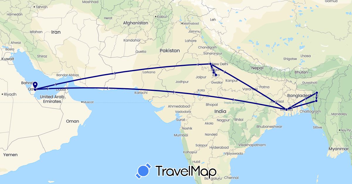 TravelMap itinerary: driving in India, Qatar (Asia)